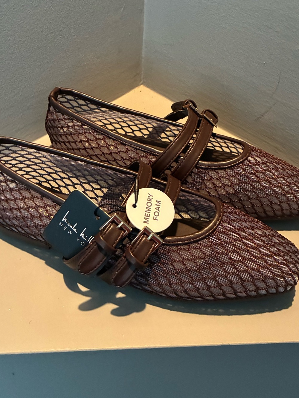 Nicole Miller MOSSY double buckle mesh Mary Jane style ballet flats